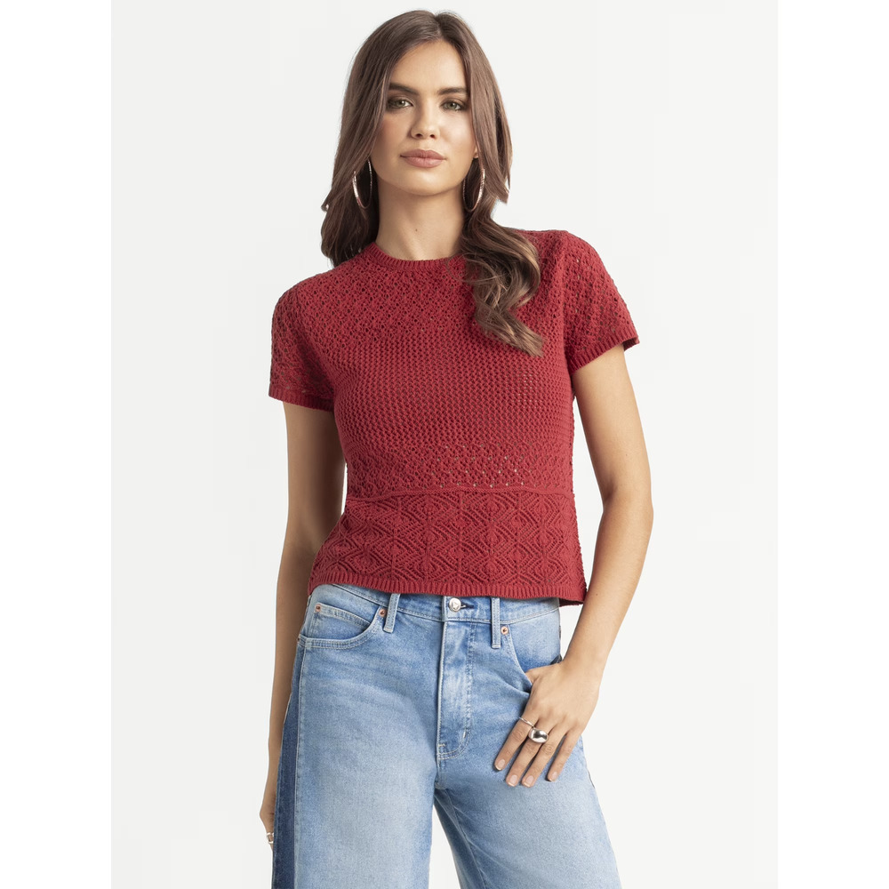 Jessica Simpson Women's Red color size M Alicia Crochet Tee with Lace Up Back